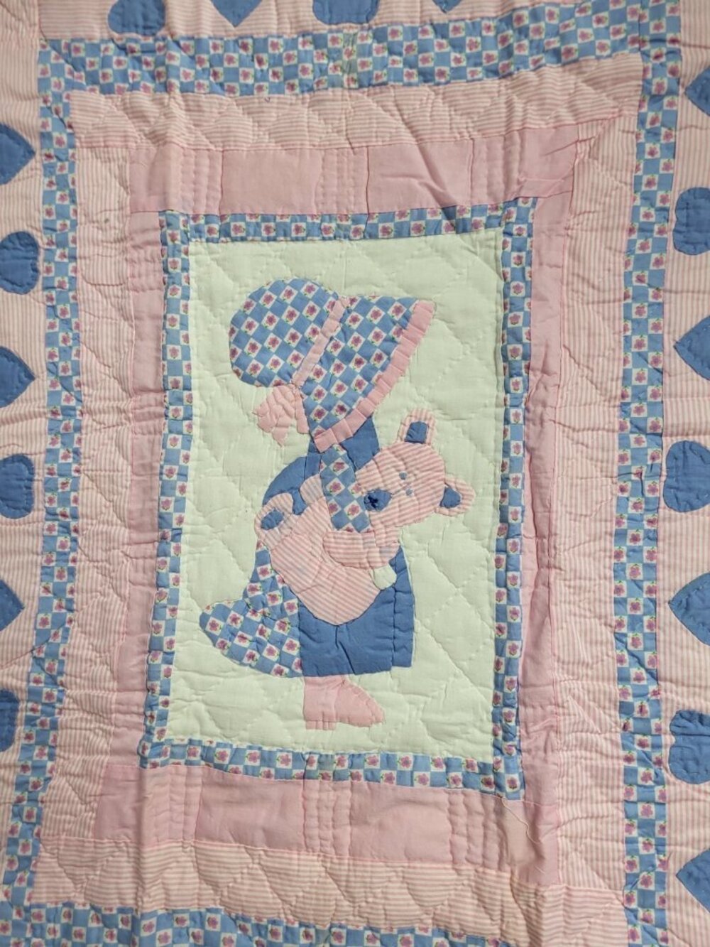 Vintage Sun Bonnet Sue Pink Blue Quilted Wall hang Nursery Decor Britannica